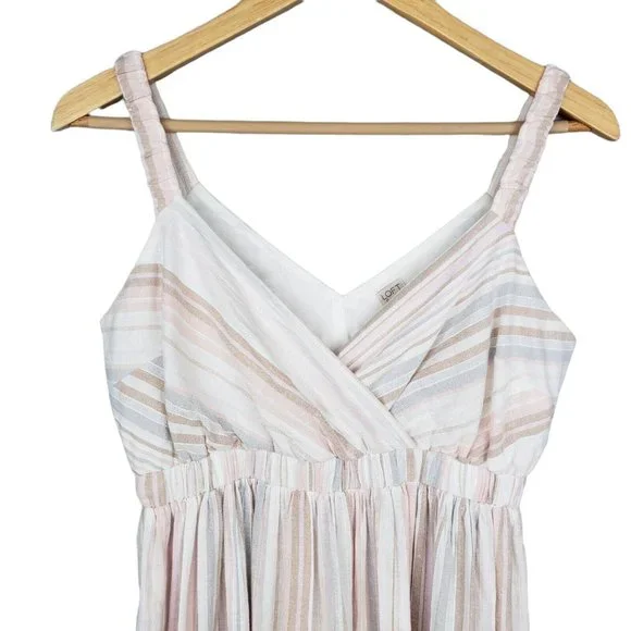 Loft Beach Cotton Linen Blend Striped Midi Dress Neutral Elasticized Waist XXS - Picture 2 of 8